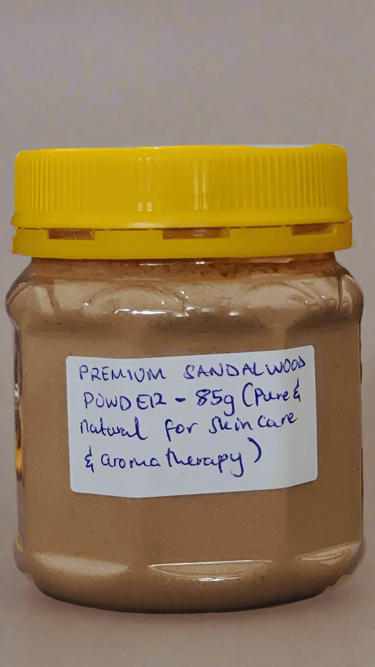Premium Sandalwood Powder jar - 85g pure and natural for skincare and aromatherapy benefits.