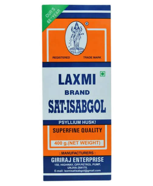 Laxmi Isabgol packaging, a natural psyllium husk supplement for digestive health and constipation relief.