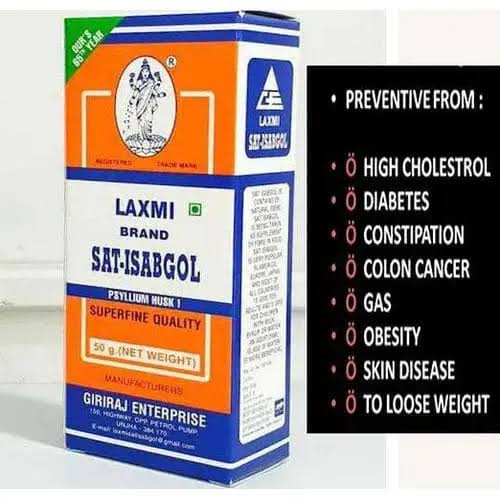 Laxmi Isabgol pack showcasing natural psyllium husk for digestive health and constipation relief, with key benefits listed.