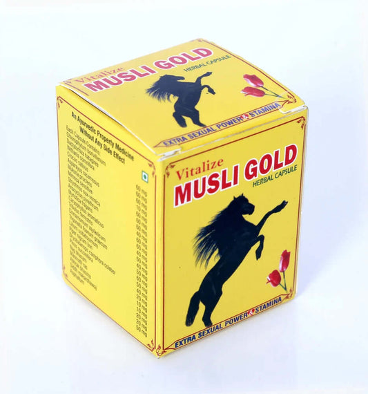 Musli Gold capsules packaging from Vitalize Herbs, Ayurvedic medicine for erectile dysfunction and premature ejaculation.