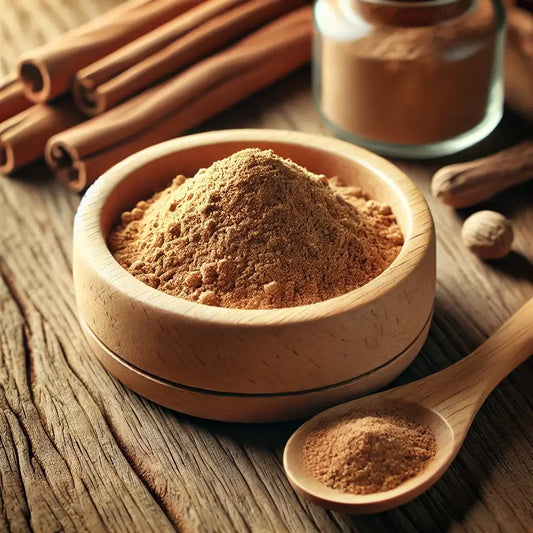 Premium Sandalwood Powder in a wooden bowl with a spoon, ideal for skincare and aromatherapy.